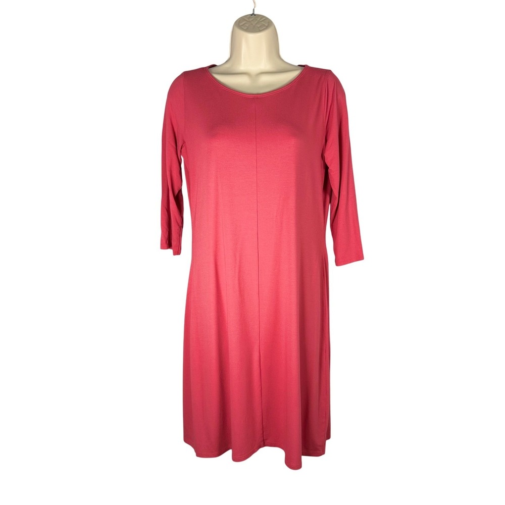 Eileen Fisher T-shirt Dress XS Pink Seamed Viscose Stretch 3/4 Sleeve